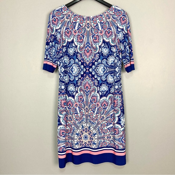 Eliza J Printed Shift Dress Women’s Size 12 Stretch Knit Lined Boat Neck Classic - Picture 2 of 8